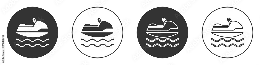 Black Jet ski icon isolated on white background. Water scooter. Extreme sport. Circle button. Vector Illustration. Black Jet ski icon isolated on white background. Water scooter. Extreme sport. Circle button. Vector Illustration.