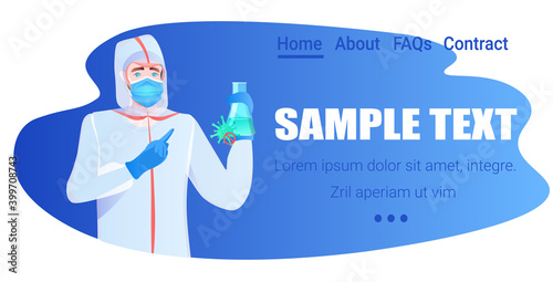 doctor holding test tube with coronavirus cells sample vaccine development fight against covid-19 concept horizontal copy space vector illustration