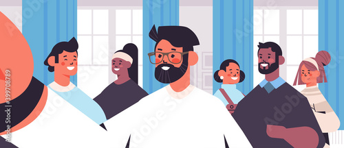 mix race people taking selfie on smartphone camera happy friends making self photo living room interior horizontal portrait vector illustration