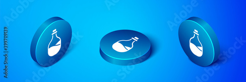 Isometric Old bottle of wine icon isolated on blue background. Blue circle button. Vector.