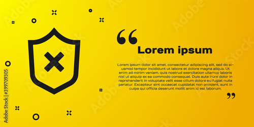 Black Shield with cross mark icon isolated on yellow background. Shield and rejected. Notice of refusal. Vector.