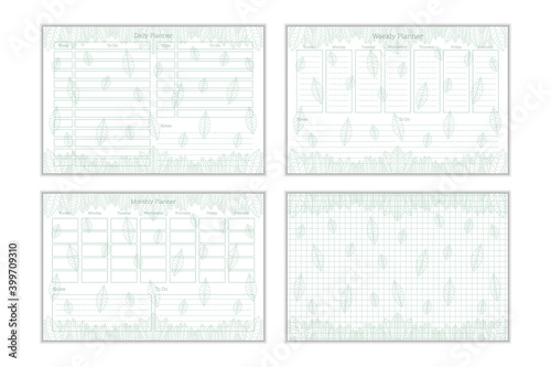 Set of 2021 calendar and daily weekly monthly personal planner diary template in tender botanical style. individual schedule collection for personal and business diary notebook. Week starts on sunday.