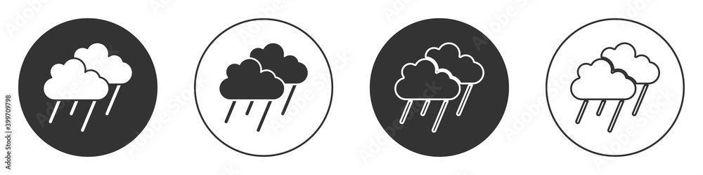 Black Cloud with rain icon isolated on white background. Rain cloud precipitation with rain drops. Circle button. Vector. Black Cloud with rain icon isolated on white background. Rain cloud precipitation with rain drops. Circle button. Vector.