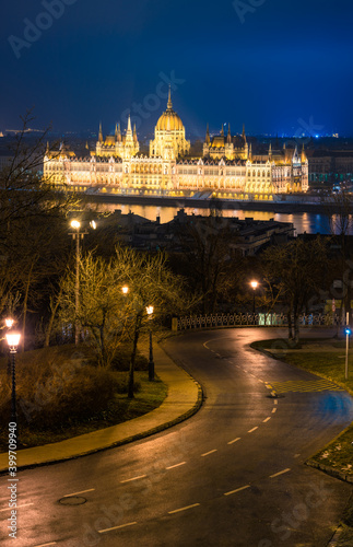 Hungarian Parliament illuminated at night in Budapest. Hungary 