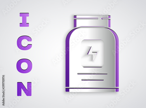 Paper cut Sports nutrition bodybuilding proteine power drink and food icon isolated on grey background. Paper art style. Vector.