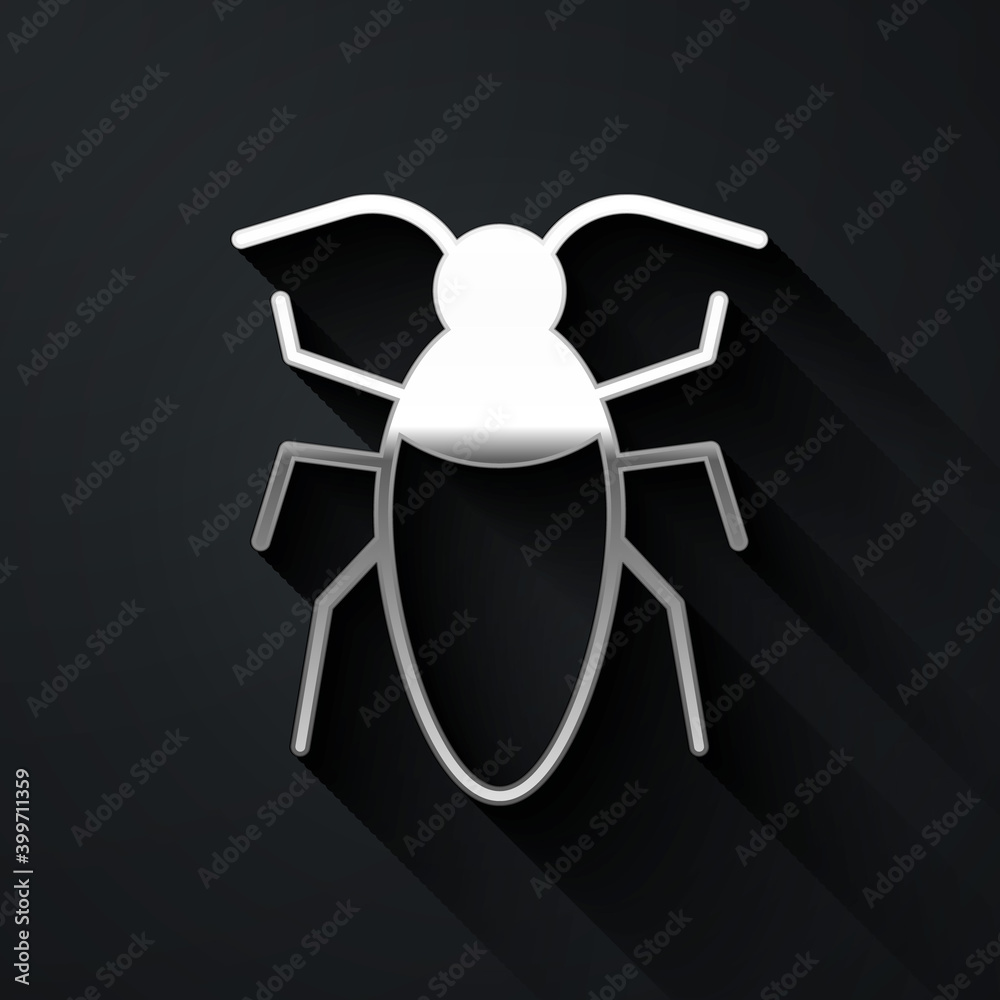 Silver Cockroach icon isolated on black background. Long shadow style. Vector.