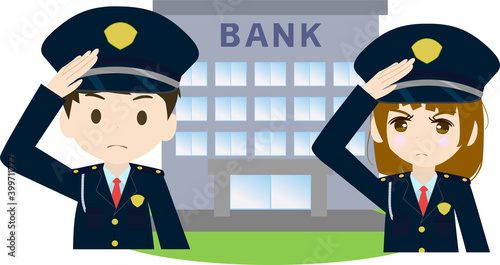 銀行を警備する可愛い警備員のイラスト