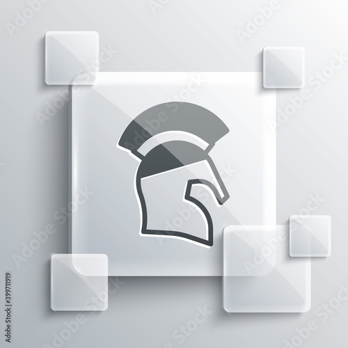 Grey Greek helmet icon isolated on grey background. Antiques helmet for head protection soldiers with a crest of feathers or horsehair. Square glass panels. Vector.