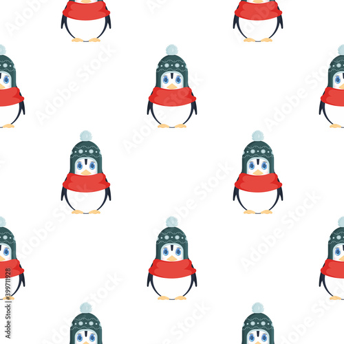 Seamless pattern with cute penguin in a winter hat and a red scarf. Baby penguin with cute look. Suitable for postcards  wrapping paper  books and posters. Vector