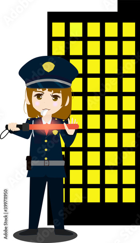 夜のビルを警備する警備員のイラスト