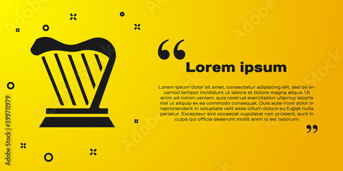 Black Harp icon isolated on yellow background. Classical music instrument, orhestra string acoustic element. Vector.