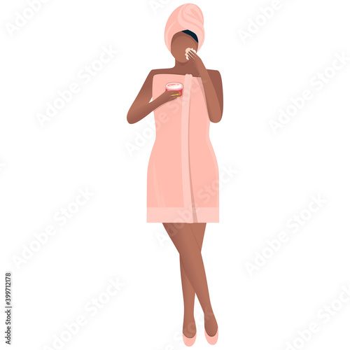 African American girl in a towel applies moisturizer after a spa treatment. Cartoon style. Girl in full growth