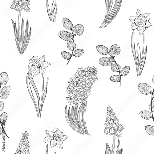 First spring flowers. Seamless vector pattern with hyacinths, daffodils, muscari and pussy willow branches on white. Perfect for design templates, wallpaper, wrapping, fabric and textile.