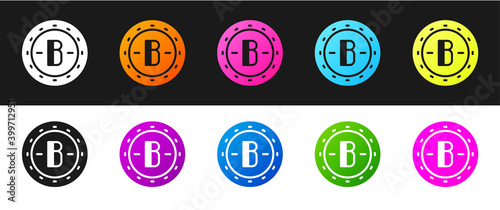 Set Cryptocurrency coin Bitcoin icon isolated on black and white background. Physical bit coin. Blockchain based secure crypto currency. Vector.