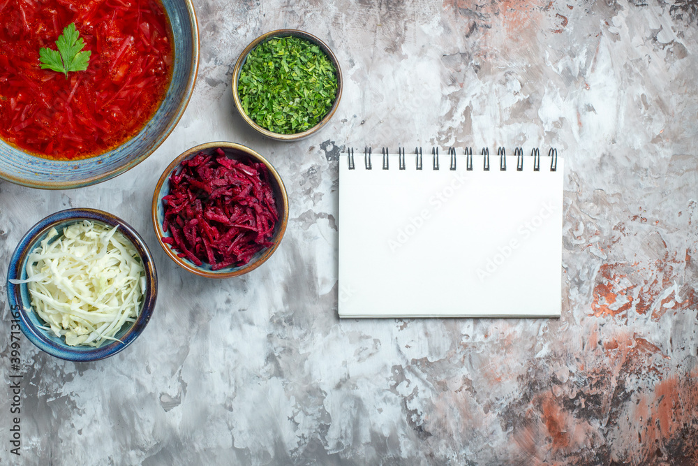 top view delicious borsch ukrainian beet soup with fresh cabbage and greens on light white background color cabbage photo dish
