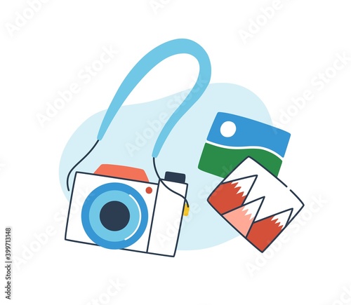 Concept of phototour. Analog camera with snapshots of nature landscapes. Top view composition of photos or postcards. Flat vector cartoon illustration isolated on white background photo