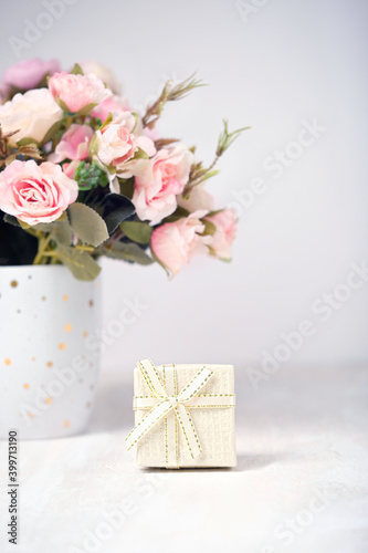 Rose flowers bouquet and gift box. Valentine s day  birthday  Mother s Day concept. Romantic Holiday season.