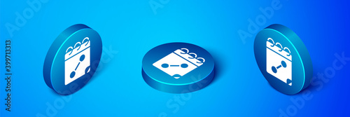 Isometric Calendar fitness icon isolated on blue background. Training schedule. Blue circle button. Vector.