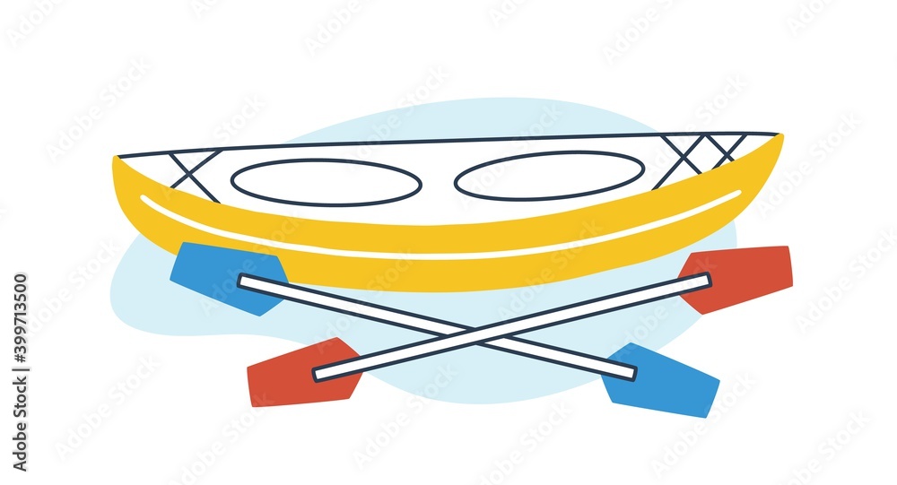 Icon of rowing boat with paddles. Empty kayak with oars. Concept of extreme sport and summer water activity. Canoe isolated on white background. Vector illustration in flat cartoon style