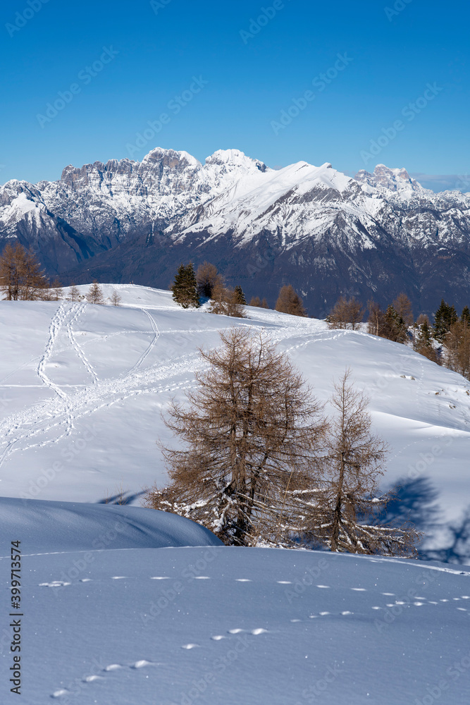 snowy mountain panorama with blue sky and snow on the ground