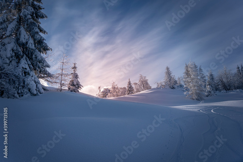 snowy mountain panorama at sunset with blue and pink sky and snow on the ground and trees