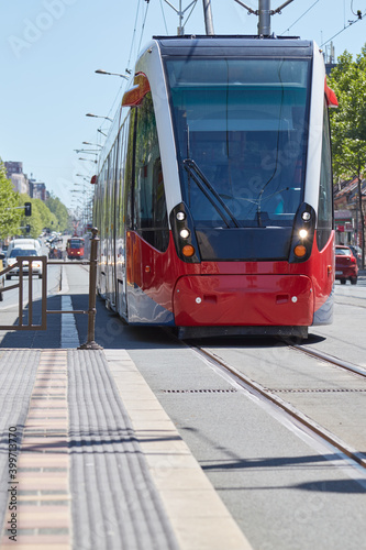 Tramway tram on Euorpean street tracks.