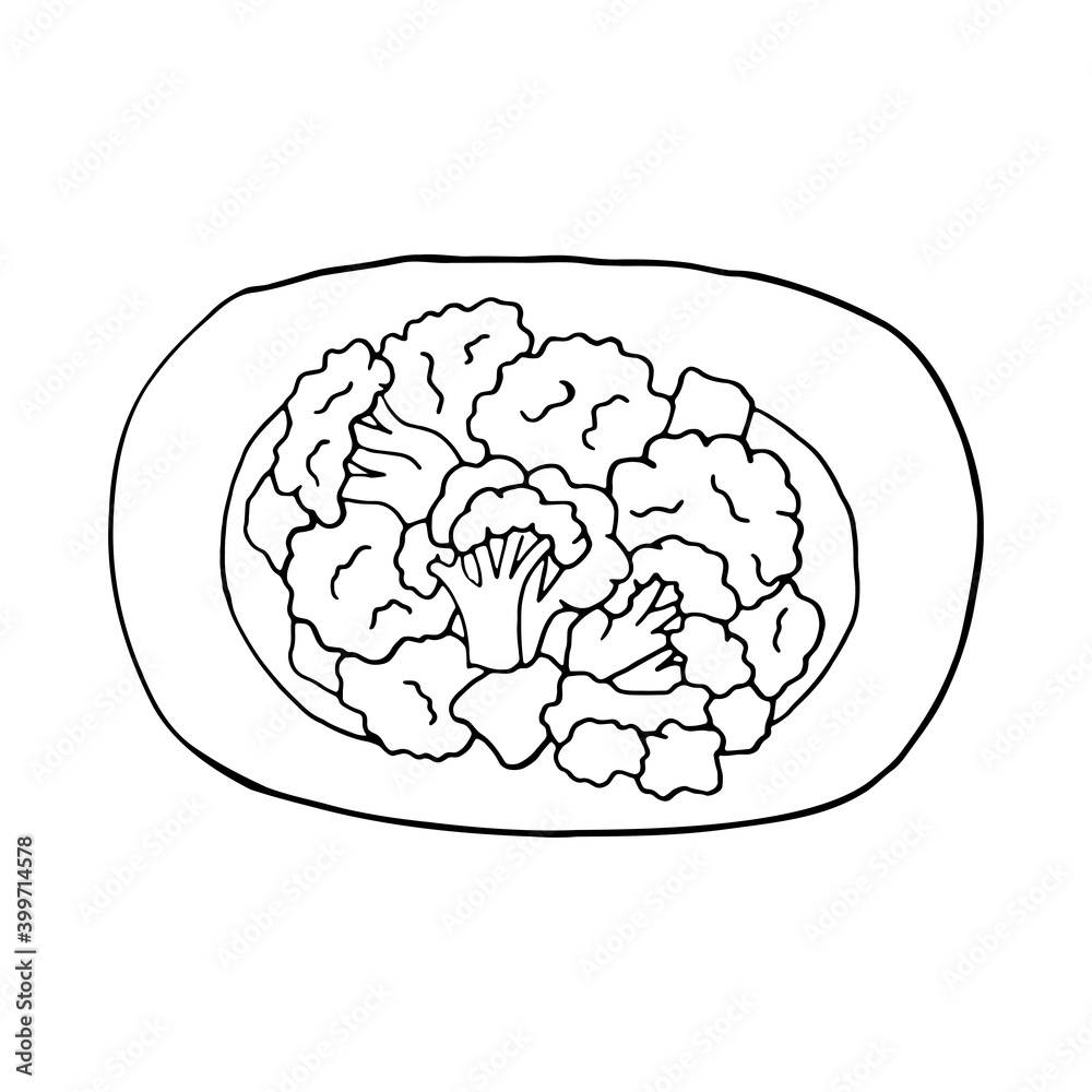 Vector hand drawn doodle aloo gobi. Indian cuisine dish. Design sketch element for menu cafe, restaurant, label and packaging. Illustration on a white background. Vector hand drawn doodle aloo gobi. Indian cuisine dish. Design sketch element for menu cafe, restaurant, label and packaging. Illustration on a white background.