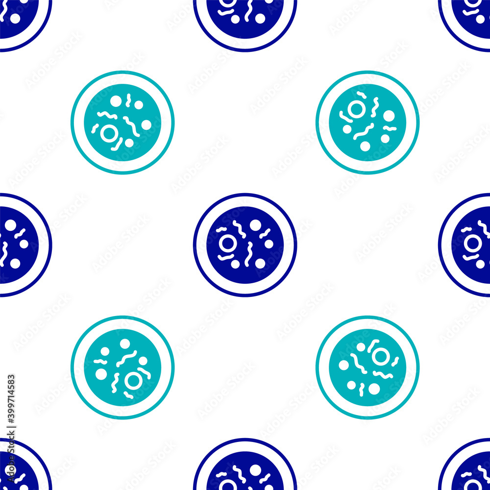 Blue Petri dish with bacteria icon isolated seamless pattern on white background. Vector. Blue Petri dish with bacteria icon isolated seamless pattern on white background. Vector.
