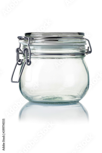 Glass jar for spices, on a white background