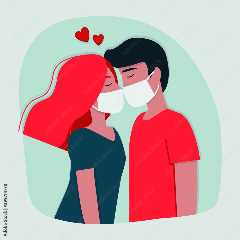 Vector image of young people in love during the coronavirus pandemic. Flat illustration for Valentine's Day. Template for postcards, banners, and websites.
