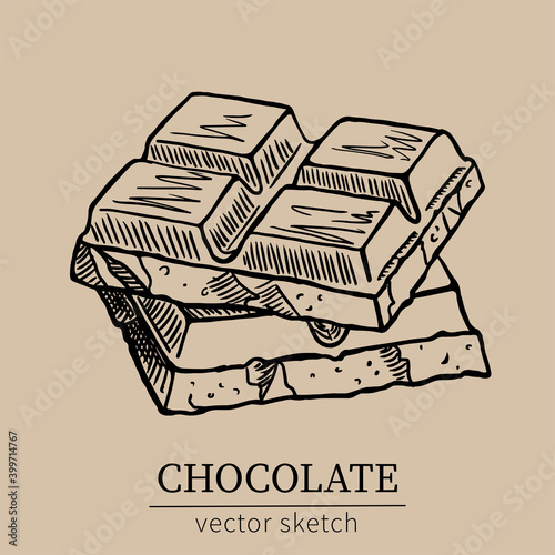 Vector sketch of a bar of chocolate broken into pieces, hand drawn. Suitable for the design of sweet confectionery products, menus, desserts.
