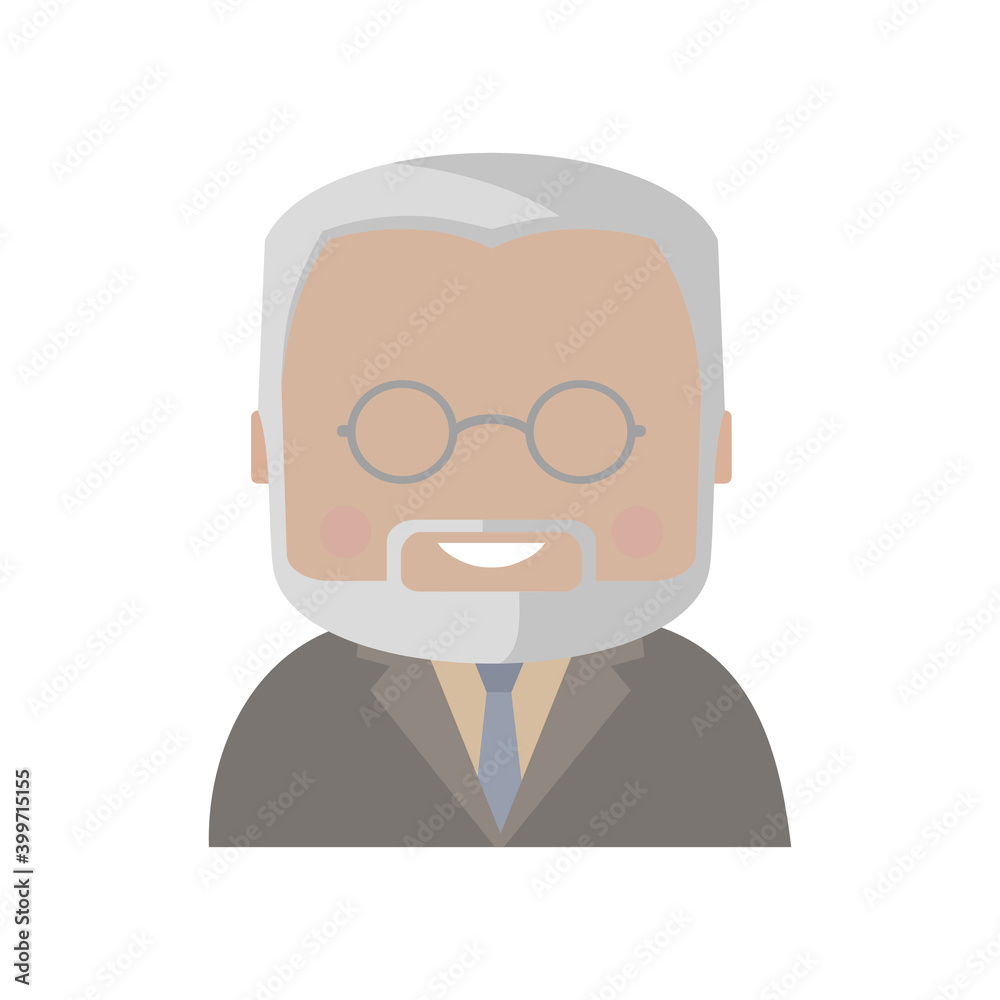 An elderly man, a grandfather with a beard and glasses. color smiling portrait, icon or avatar in cartoon, flat style. Isolated vector illustration