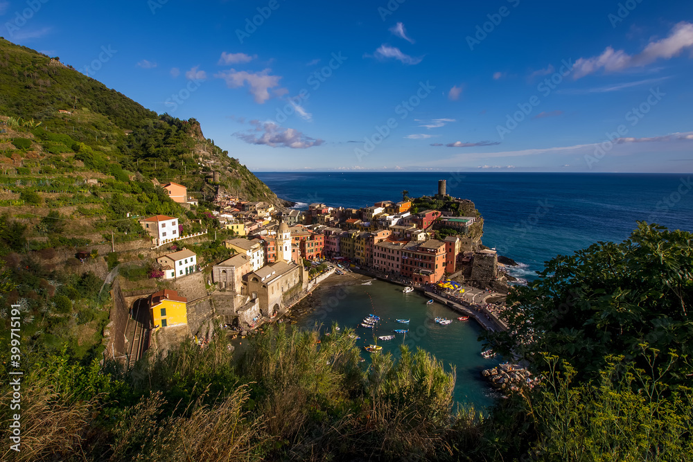 Vernazza in Cinque Terre Italy at golden hour - Italian  travel or tourism image