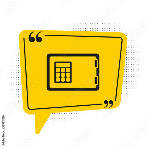 Black Safe icon isolated on white background. The door safe a bank vault with a combination lock. Reliable Data Protection. Yellow speech bubble symbol. Vector.