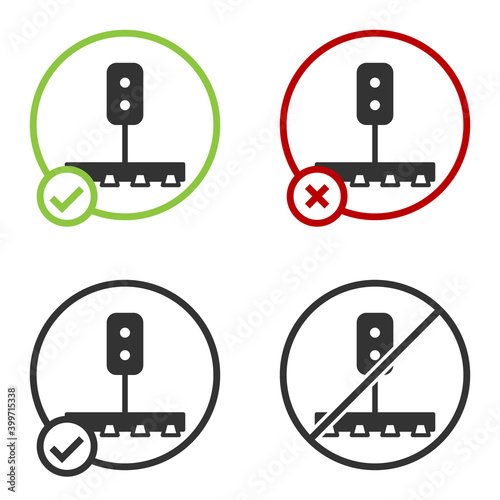 Black Train traffic light icon isolated on white background. Traffic lights for the railway to regulate the movement of trains. Circle button. Vector.