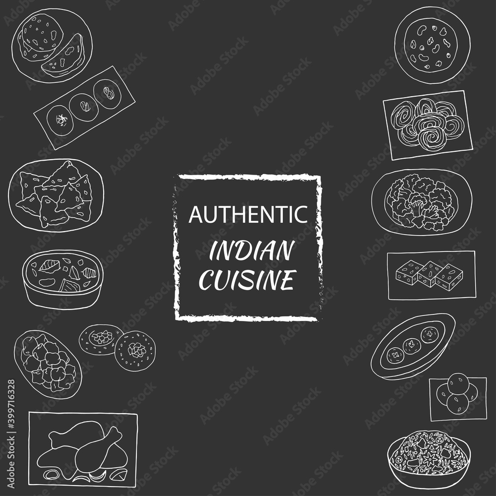 Vector hand drawn of indian cuisine set with aloo gobi, biryani, curry, kofta, naan, navratan, pakora, rasmalai. Design sketch element for menu cafe, restaurant. Illustration on a white background.