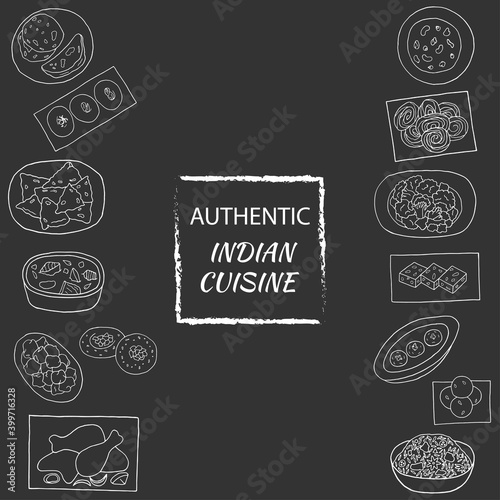 Vector hand drawn of indian cuisine set with aloo gobi, biryani, curry, kofta, naan, navratan, pakora, rasmalai. Design sketch element for menu cafe, restaurant. Illustration on a white background.