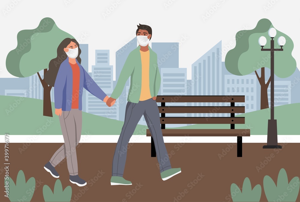 Couple in protective face dust masks wolk in park. Protection from urban air pollution, smog, vapor. Coronavirus quarantine, respiratory virus concept. Flat cartoon  vector illustration.