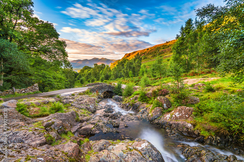 Ashness Bridge long exposure view. Lake District National Park. Cumbria. England photo