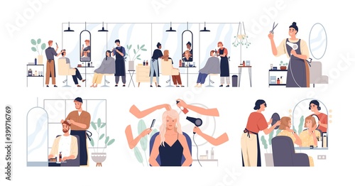 Tableau sur toile Set of hairdressers and barbers working with clients in hairdressing salon