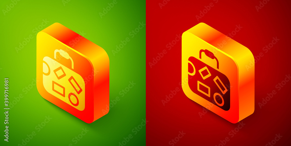 Isometric Suitcase for travel icon isolated on green and red background. Traveling baggage sign. Travel luggage icon. Square button. Vector. Isometric Suitcase for travel icon isolated on green and red background. Traveling baggage sign. Travel luggage icon. Square button. Vector.