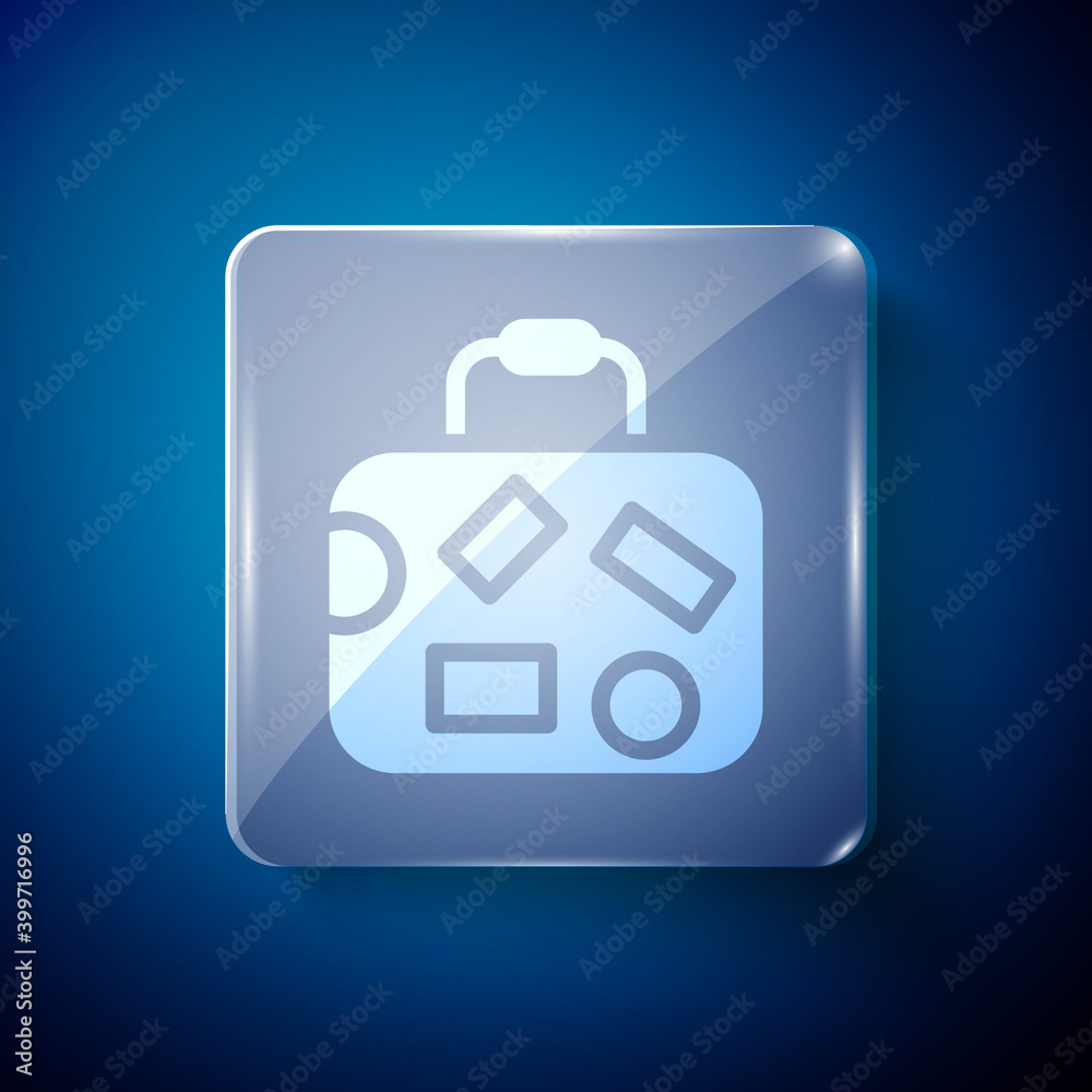 White Suitcase for travel icon isolated on blue background. Traveling baggage sign. Travel luggage icon. Square glass panels. Vector. White Suitcase for travel icon isolated on blue background. Traveling baggage sign. Travel luggage icon. Square glass panels. Vector.