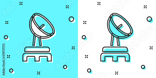 Black line Radar icon isolated on green and white background. Search system. Satellite sign. Random dynamic shapes. Vector.