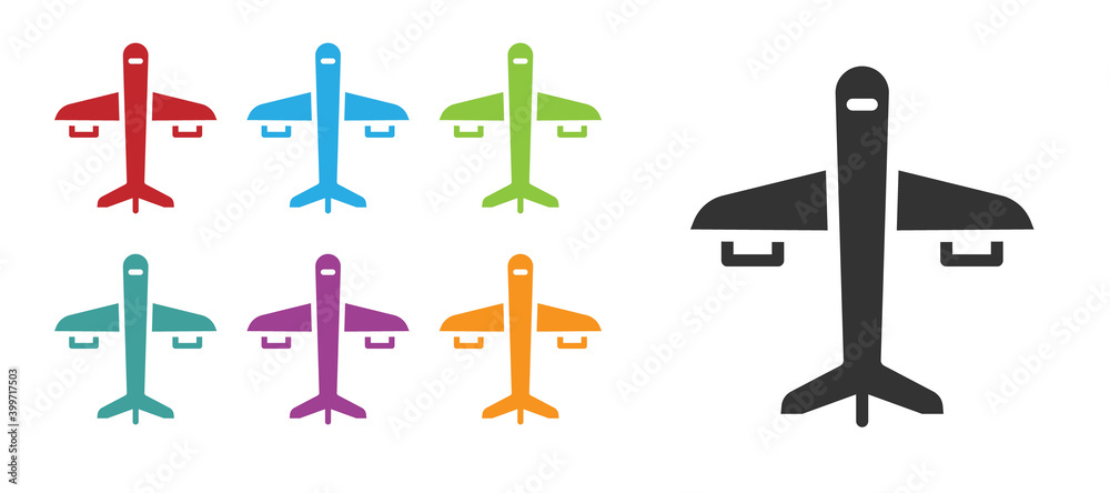 Black Plane icon isolated on white background. Flying airplane icon. Airliner sign. Set icons colorful. Vector. Black Plane icon isolated on white background. Flying airplane icon. Airliner sign. Set icons colorful. Vector.