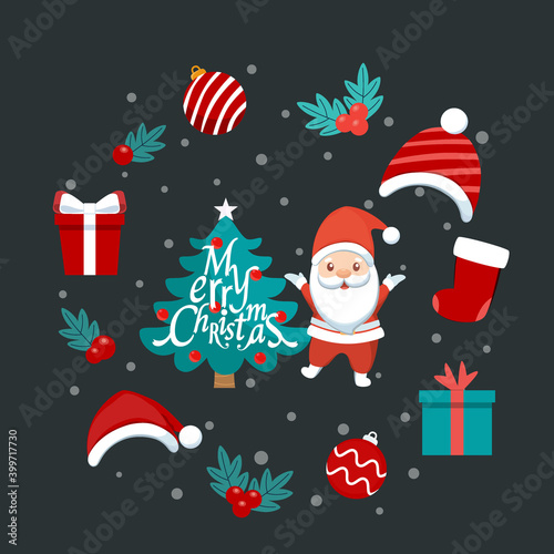 Christmas Santa Claus Cartoon and Decorative festive object. Merry Christmas and happy new year. Vector Illustration..