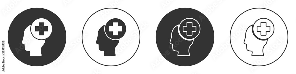 Black Male head with hospital icon isolated on white background. Head with mental health, healthcare and medical sign. Circle button. Vector. Black Male head with hospital icon isolated on white background. Head with mental health, healthcare and medical sign. Circle button. Vector.