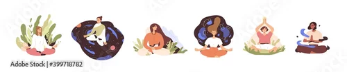 Obraz Set of tranquil women with closed eyes and croosed legs meditating in yoga lotus posture. Meditation practice. Concept of zen and harmony. Colored flat vector illustration isolated on white background