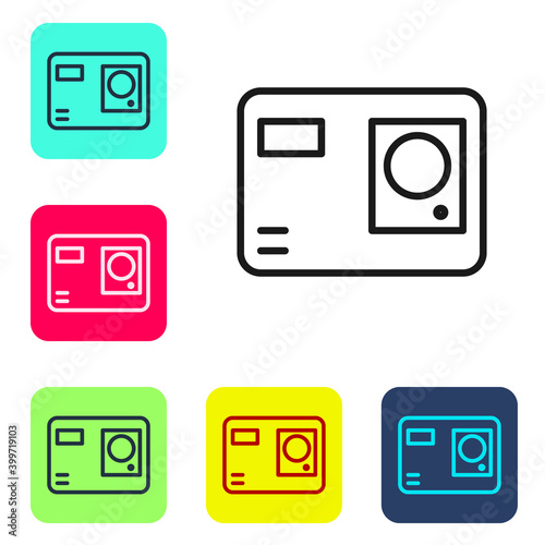 Black line Action extreme camera icon isolated on white background. Video camera equipment for filming extreme sports. Set icons in color square buttons. Vector Illustration.