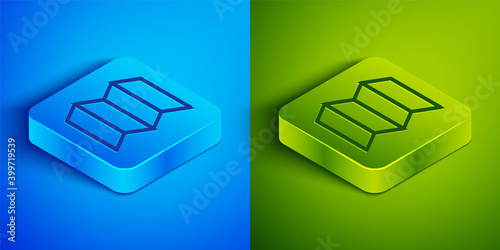 Isometric line Folded map icon isolated on blue and green background. Square button. Vector Illustration.