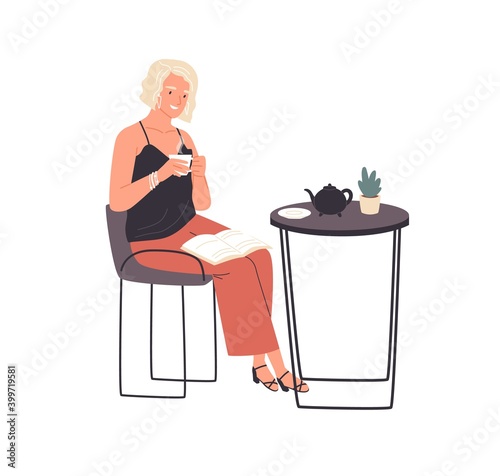 Happy modern young woman reading book sitting in cafe. Smart female reader enjoying literature over cup of tea or coffee or studying and preparing for exam. Colorful flat vector illustration